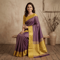 Semi Banarasi Saree with Contrast Border - Yellow