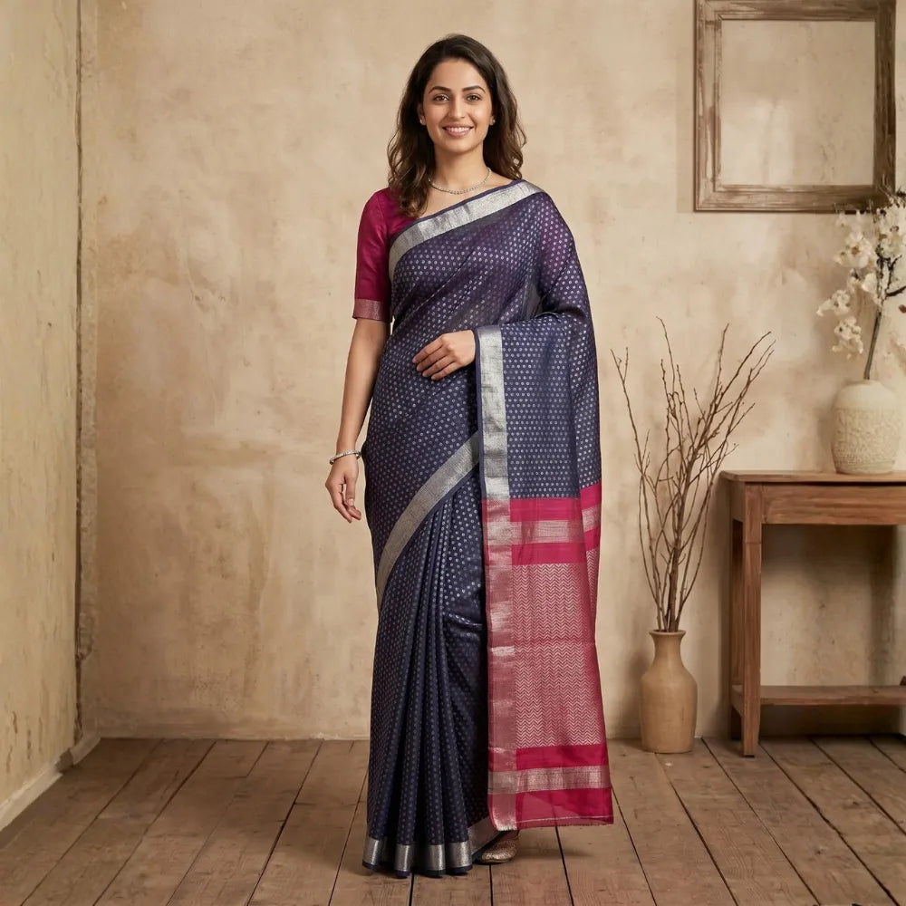 Navy Blue Dots Jute Silk Saree