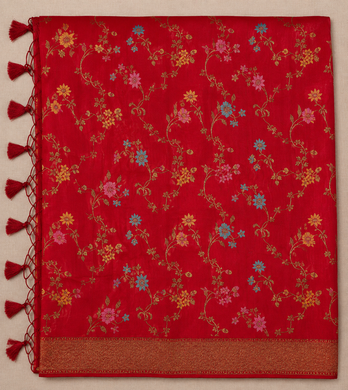 Crimson Red Semi Banarasi Georgette saree with gold Zari Floral Weaving