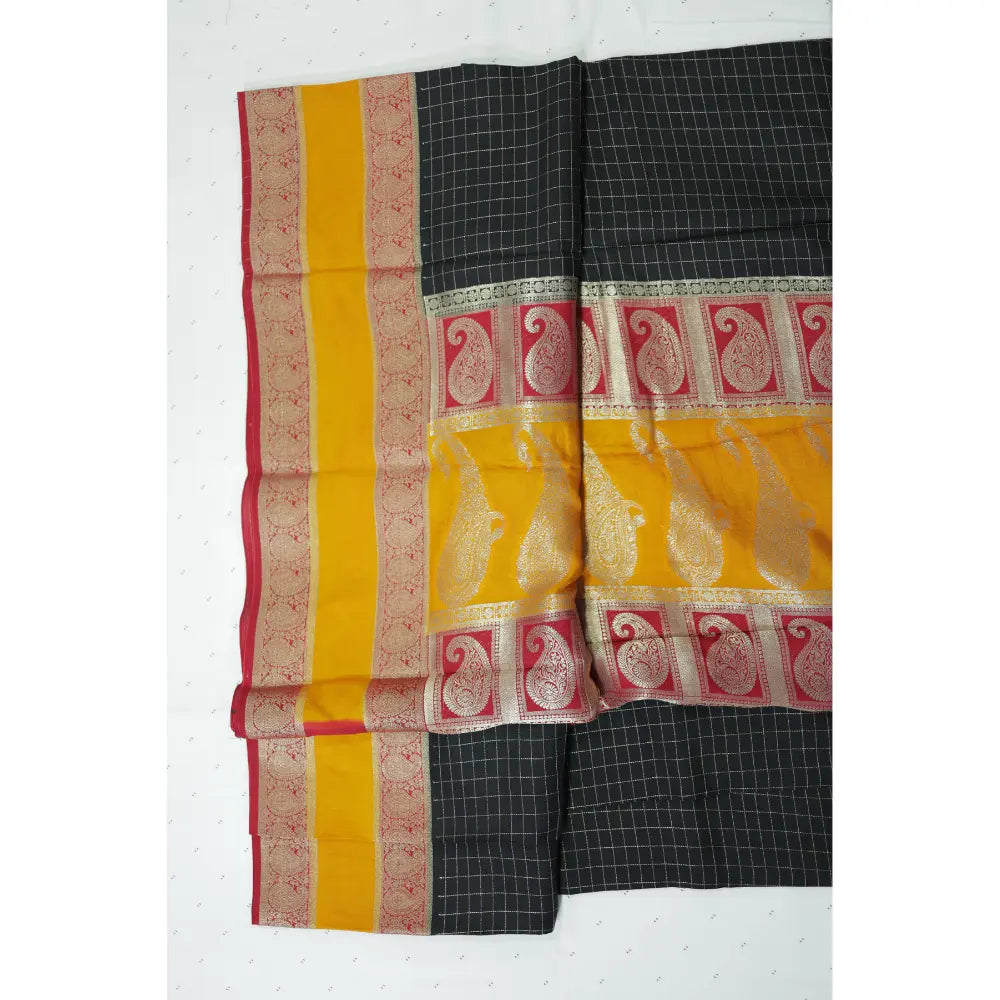 Black Checks with Yellow Border Semi Mysore Silk Saree