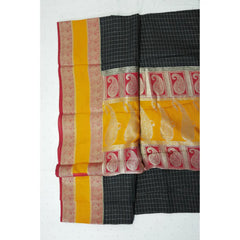 Black Checks with Yellow Border Semi Mysore Silk Saree