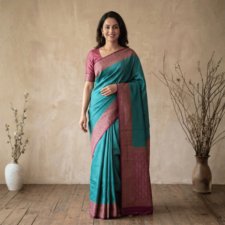 Semi Banarasi Saree with Contrast Border - S Blue