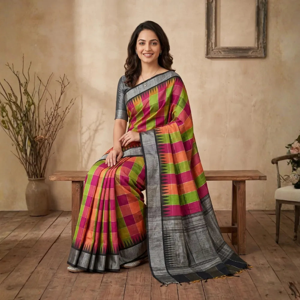 Multi Colour Checks with Temple border Jute Silk Saree