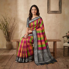 Multi Colour Checks with Temple border Jute Silk Saree