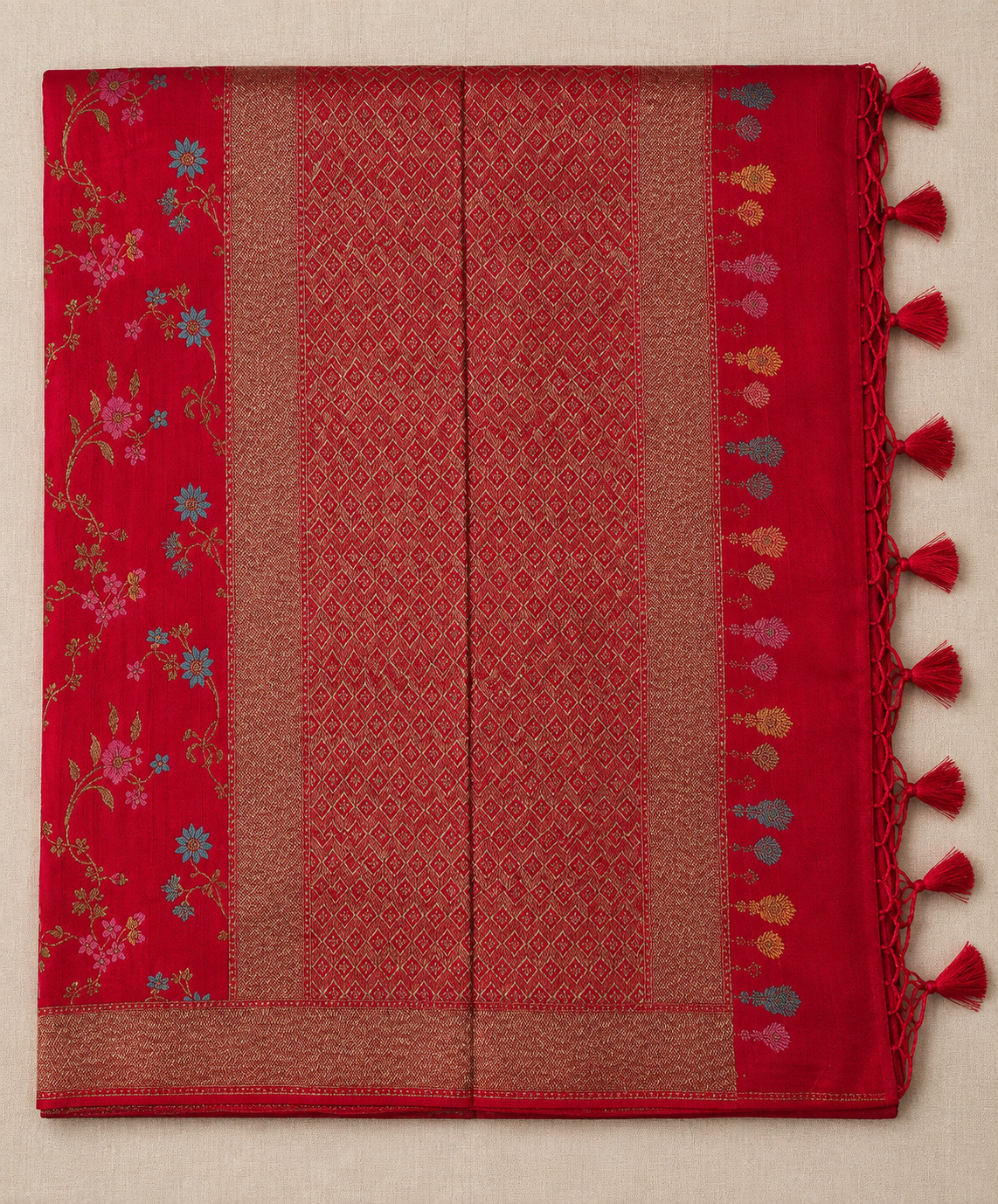 Crimson Red Semi Banarasi Georgette saree with gold Zari Floral Weaving