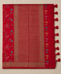 Crimson Red Semi Banarasi Georgette saree with gold Zari Floral Weaving