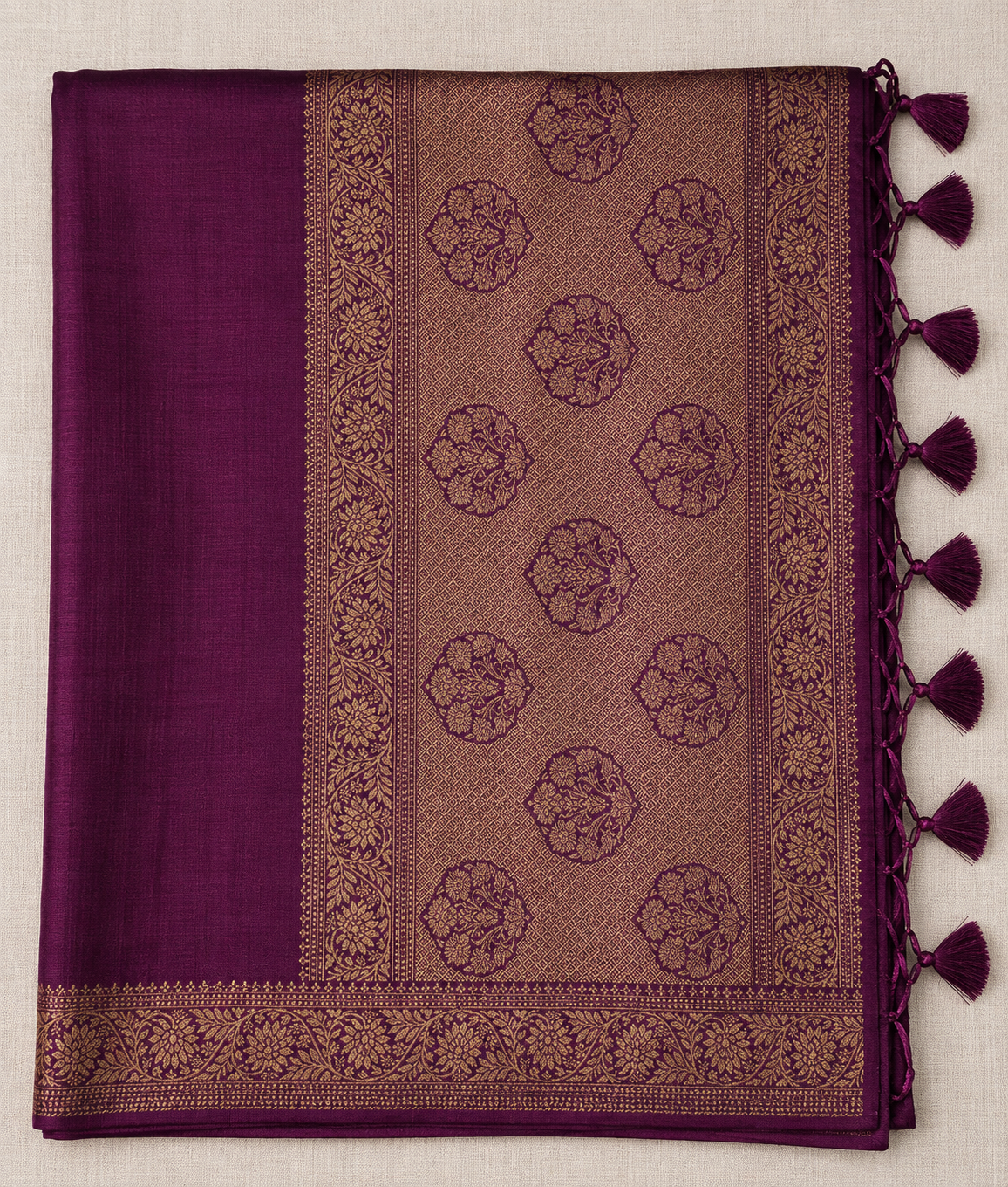 Deep purple Semi Banarasi saree with Rich Antique Gold Brocade Border