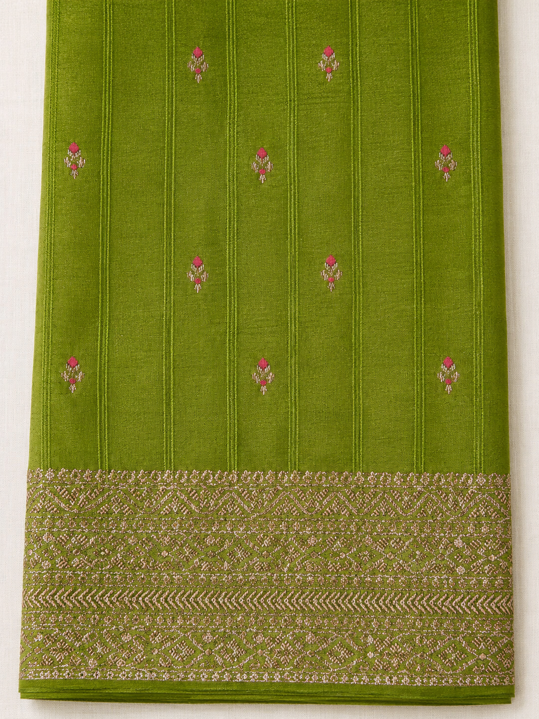 Leaf Green Semi Banarasi Saree with Antique Gold Zari Weaving