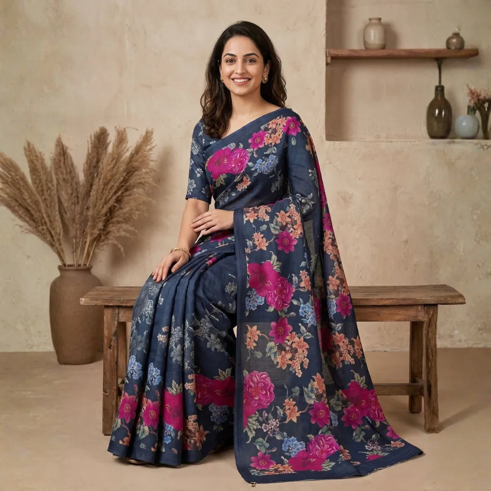 Grey Black Floral print Tussar Silk Saree