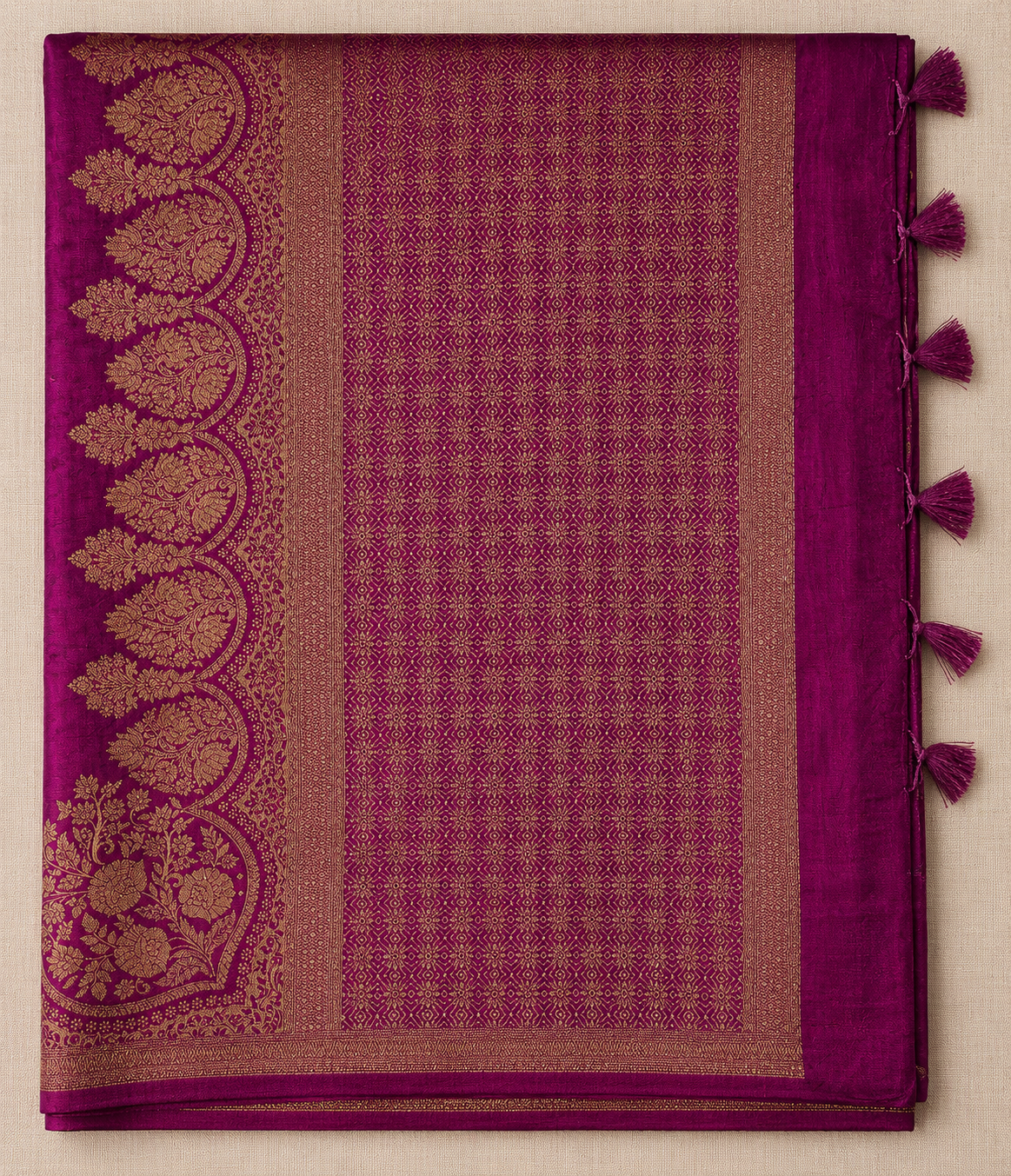 Magenate purple Semi Banarasi Saree With Antique Gold Floral Zari Weaving