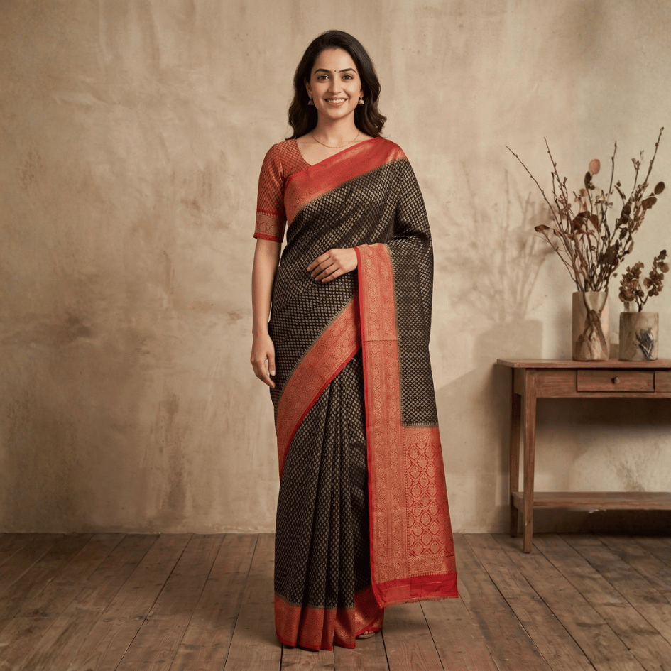 Semi Banarasi Saree with Contrast Border - Orange