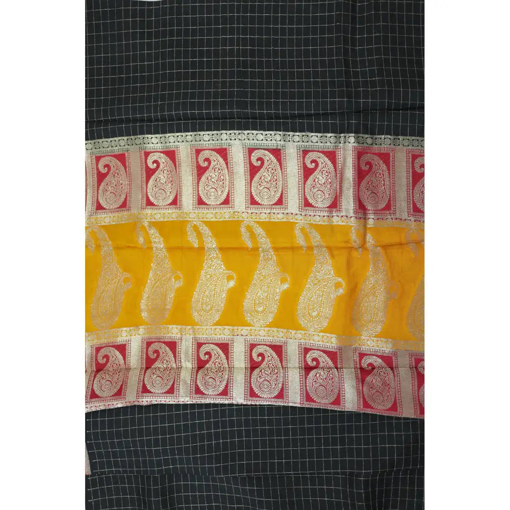 Black Checks with Yellow Border Semi Mysore Silk Saree