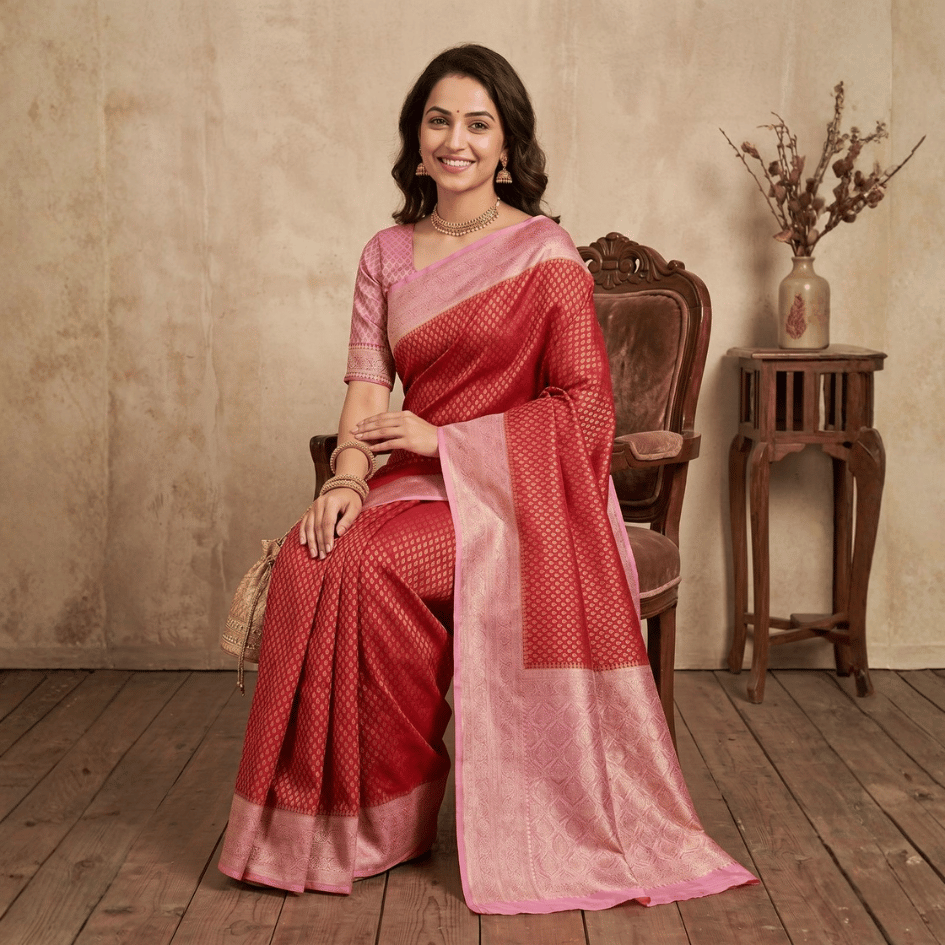 Semi Banarasi Saree with Contrast Border - Pink Red
