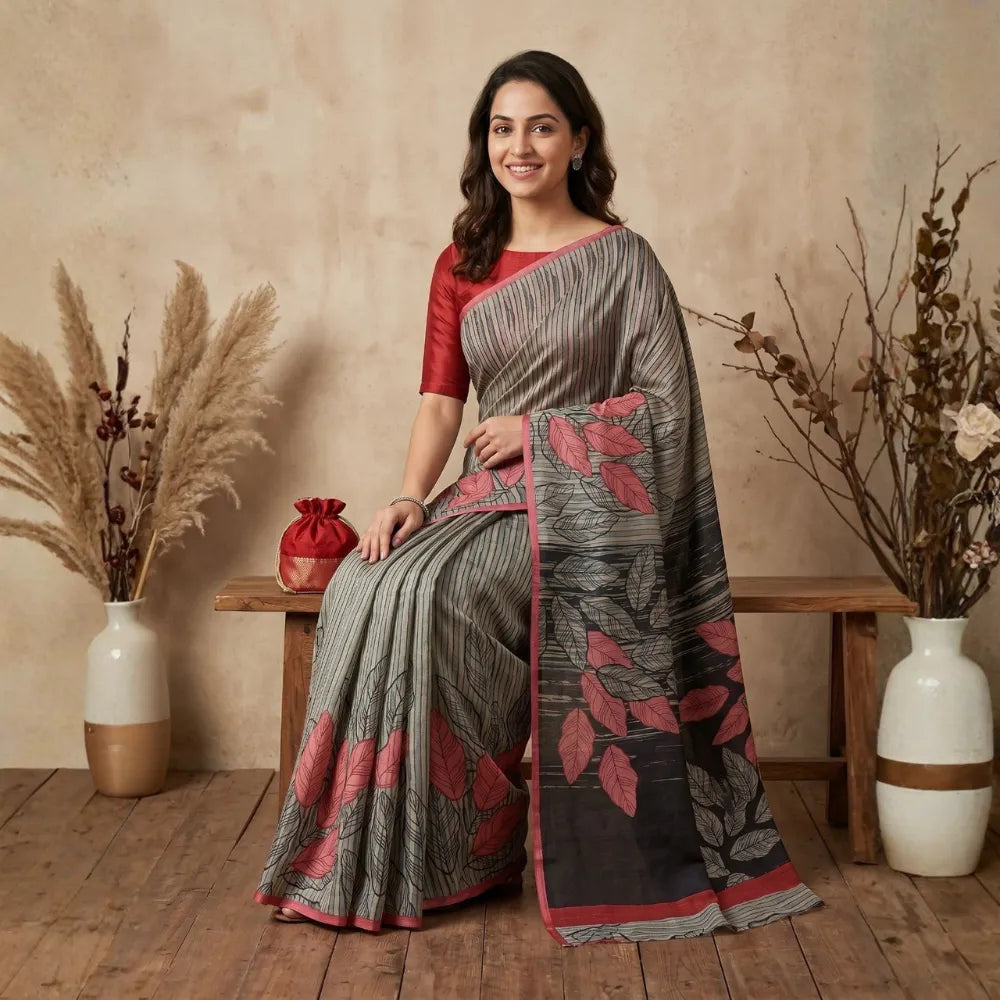 Brown Stripes Tussar Silk Saree