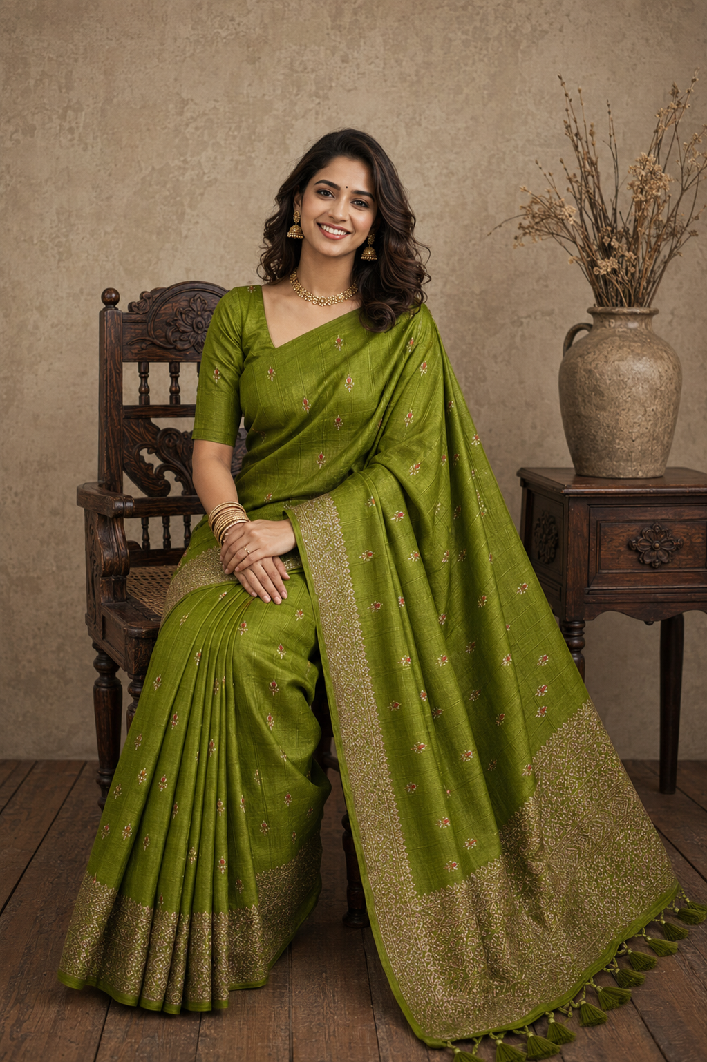 Leaf Green Semi Banarasi Saree with Antique Gold Zari Weaving