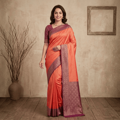 Semi Banarasi Saree with Contrast Border - Orange Red