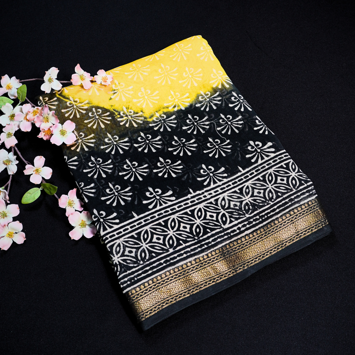 Yellow & Black Chanderi Silk Saree