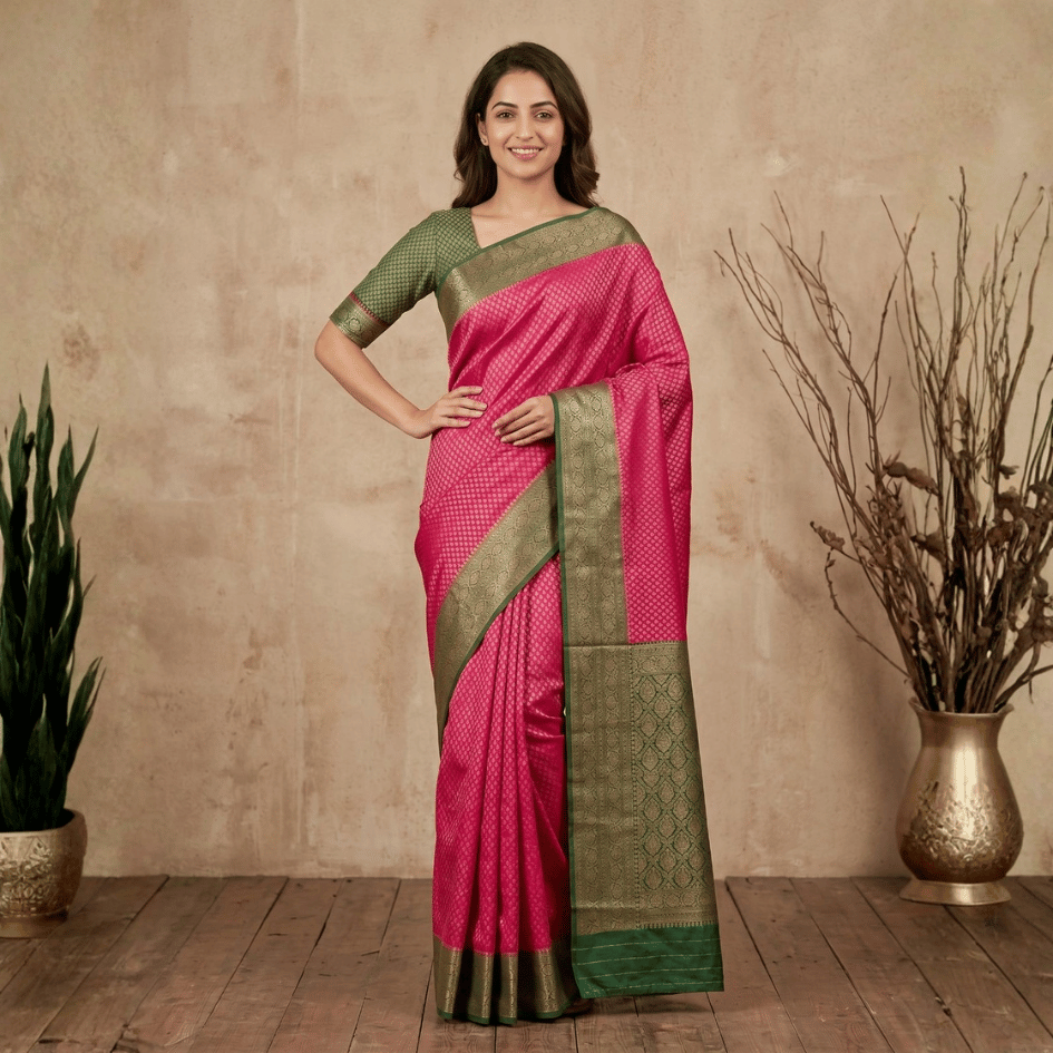 Semi Banarasi Saree with Contrast Border - Red