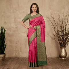 Semi Banarasi Saree with Contrast Border - Red