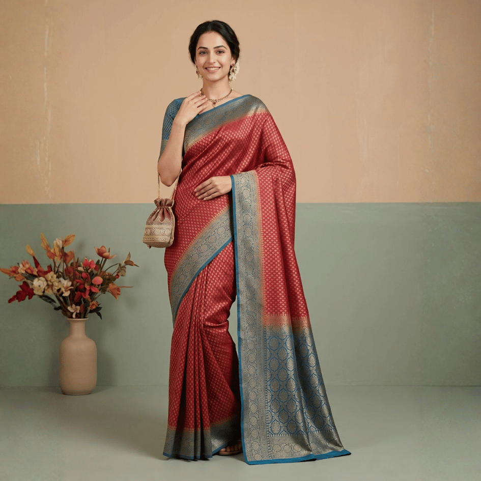 Semi Banarasi Saree with Contrast Border - Red Blue
