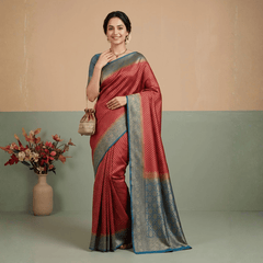 Semi Banarasi Saree with Contrast Border - Red Blue
