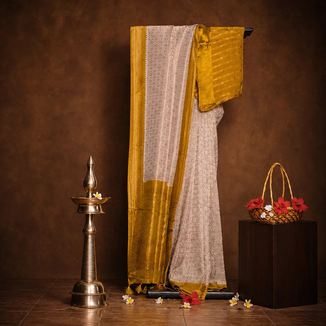 Beige with yellow border Banaras Georgette Silk Saree