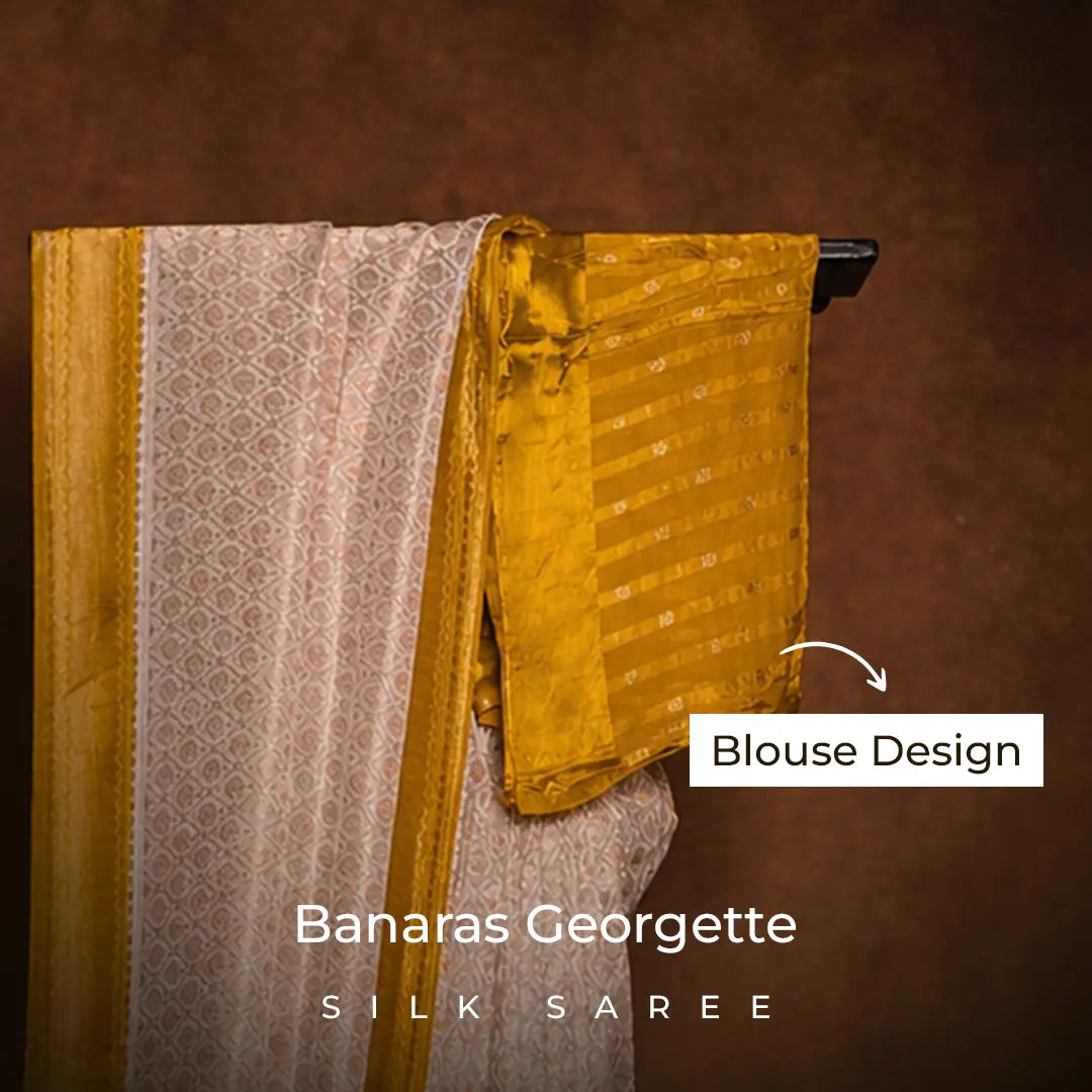 Beige with yellow border Banaras Georgette Silk Saree