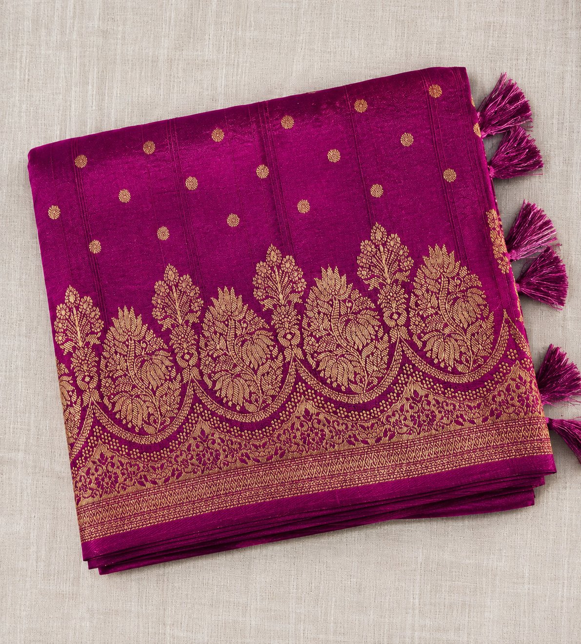 Magenate purple Semi Banarasi Saree With Antique Gold Floral Zari Weaving