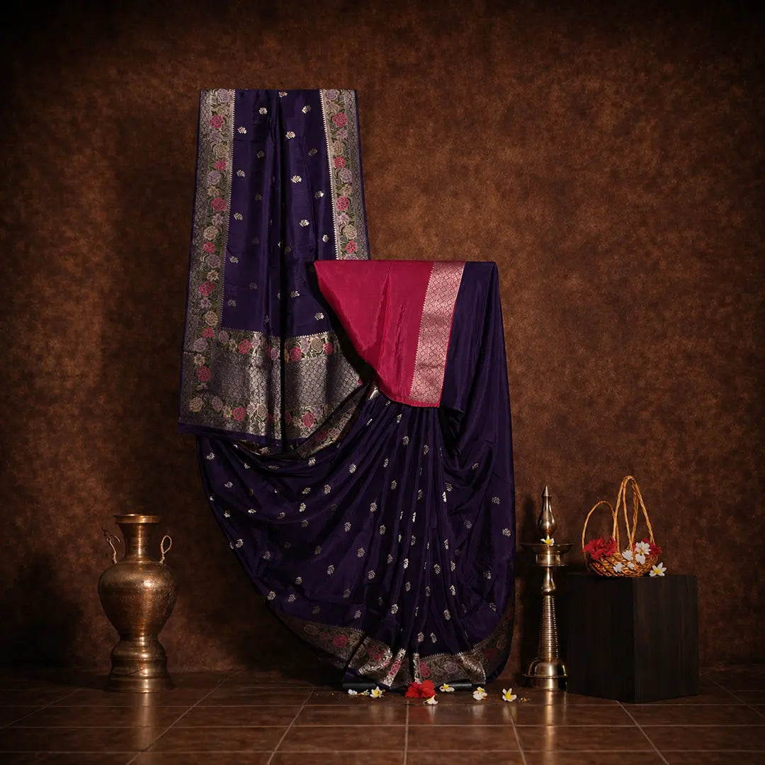 Dark Blue Dola Silk Meenakari Saree
