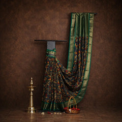 Charcoal Grey Pen Kalamkari Silk Saree with Green Border