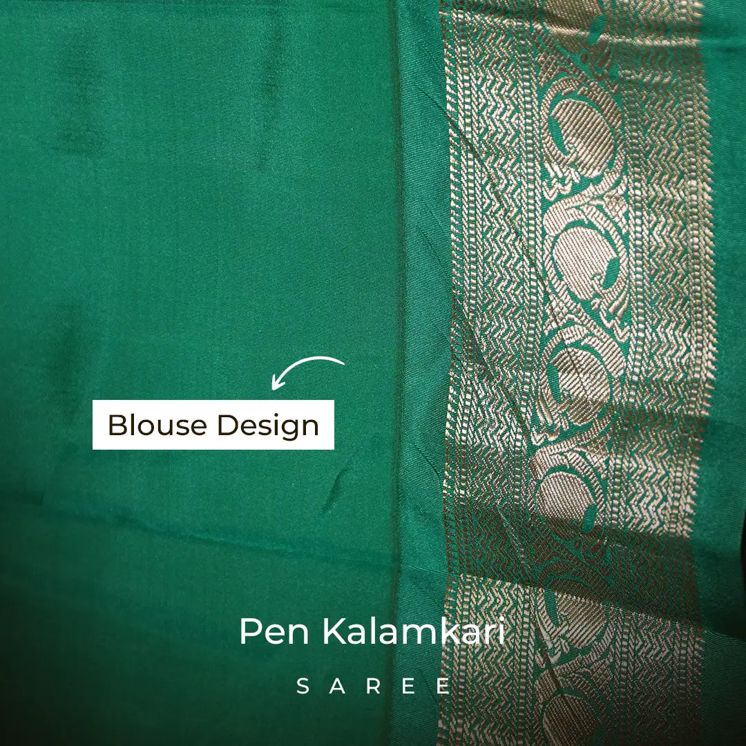 Charcoal Grey Pen Kalamkari Silk Saree with Green Border