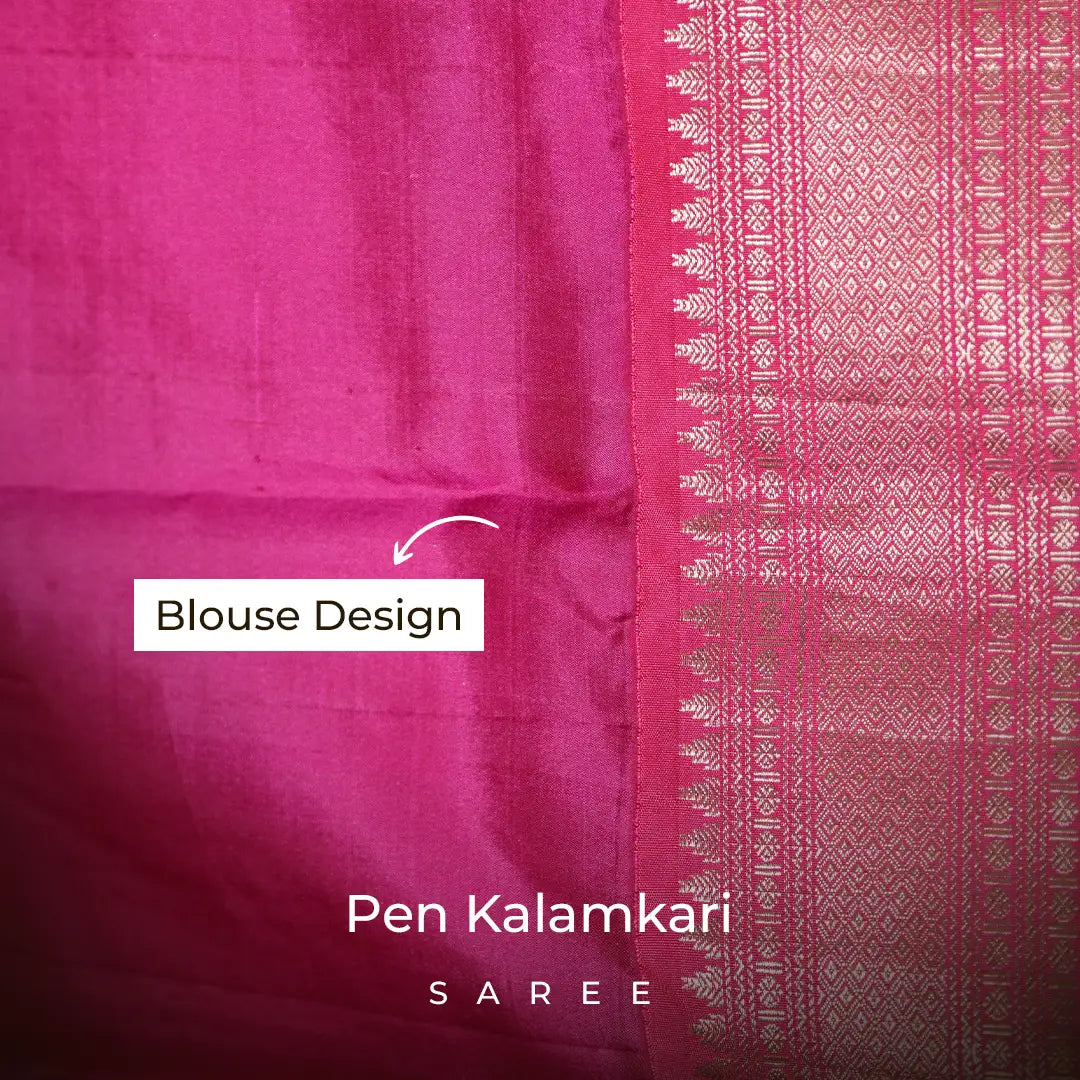 Olive Green Floral Pen Kalamkari Silk Saree with Rani Pink Border
