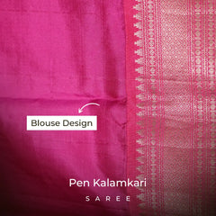 Olive Green Floral Pen Kalamkari Silk Saree with Rani Pink Border