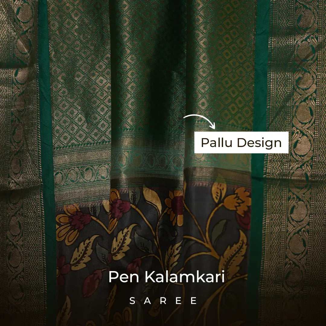 Charcoal Grey Pen Kalamkari Silk Saree with Green Border