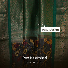 Charcoal Grey Pen Kalamkari Silk Saree with Green Border