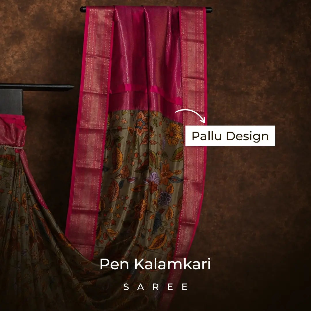 Olive Green Floral Pen Kalamkari Silk Saree with Rani Pink Border