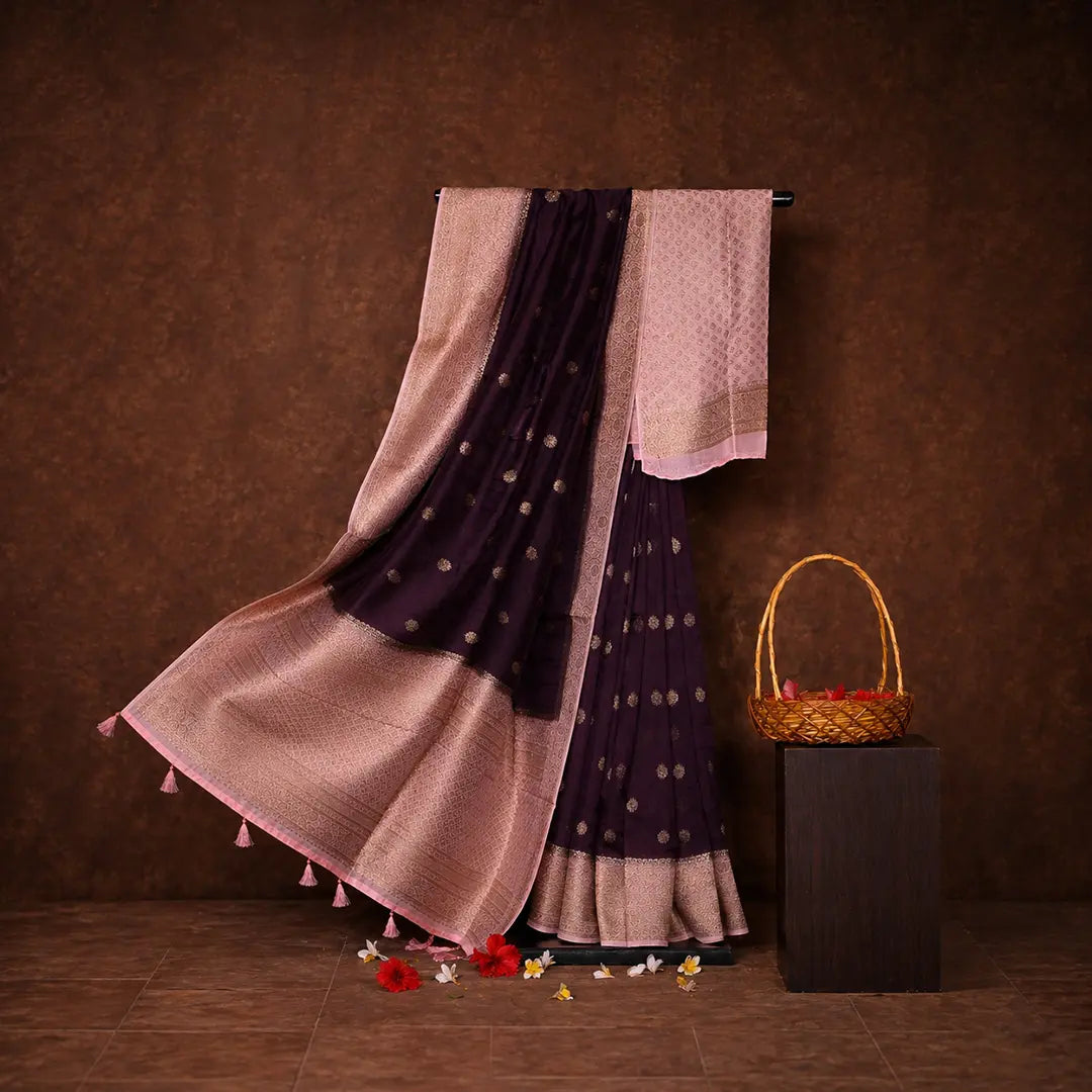Wine Purple Semi Banarasi  Silk Saree