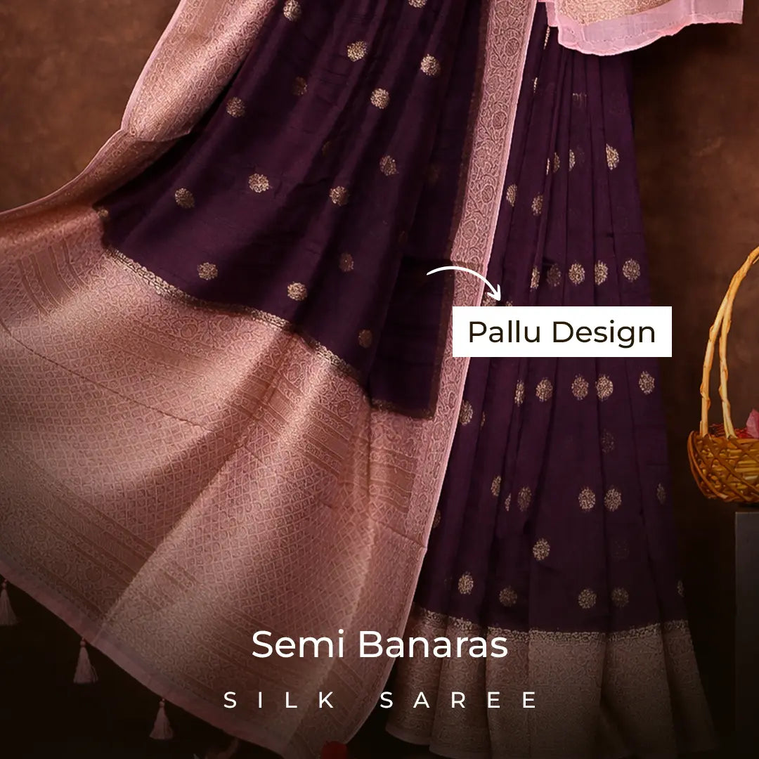 Wine Purple Semi Banarasi  Silk Saree