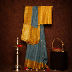 Peacock Teal & Mustard Gold Semi Mysore Silk Saree