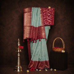 Mint Green with Maroon Border Semi Mysore Silk Saree