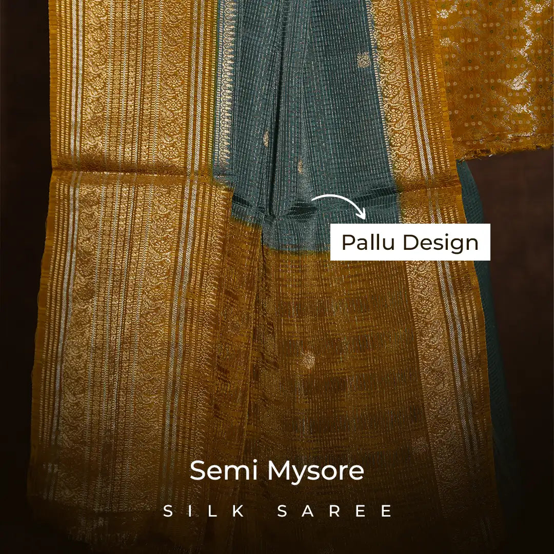 Peacock Teal & Mustard Gold Semi Mysore Silk Saree