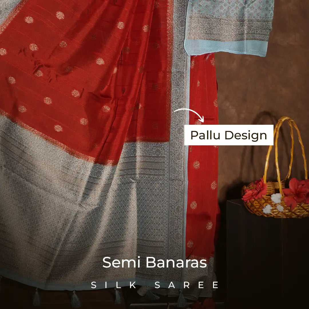 Sindoor Red with Silver Zari Semi Banarasi Silk Saree