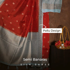 Sindoor Red with Silver Zari Semi Banarasi Silk Saree