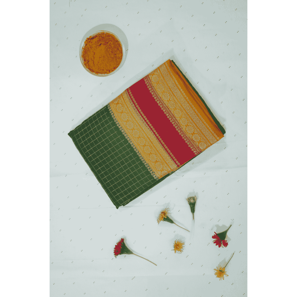 Green Checks with Yellow Border Semi Mysore Silk Saree