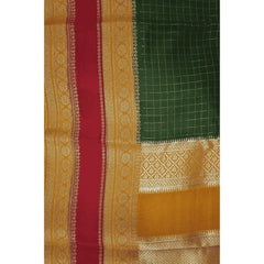 Green Checks with Yellow Border Semi Mysore Silk Saree
