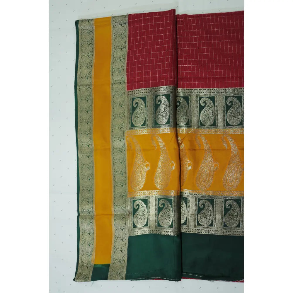Red Checks Semi Mysore Silk Saree
