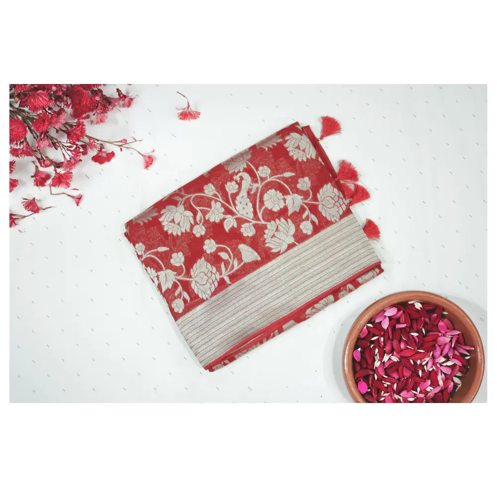 Red Semi Banarasi Georgette Silk Saree