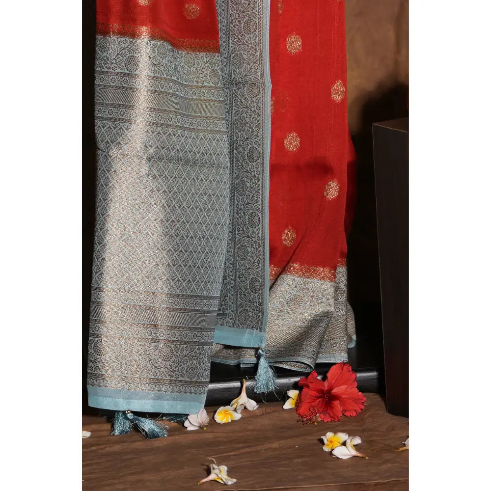 Sindoor Red with Silver Zari Semi Banarasi Silk Saree