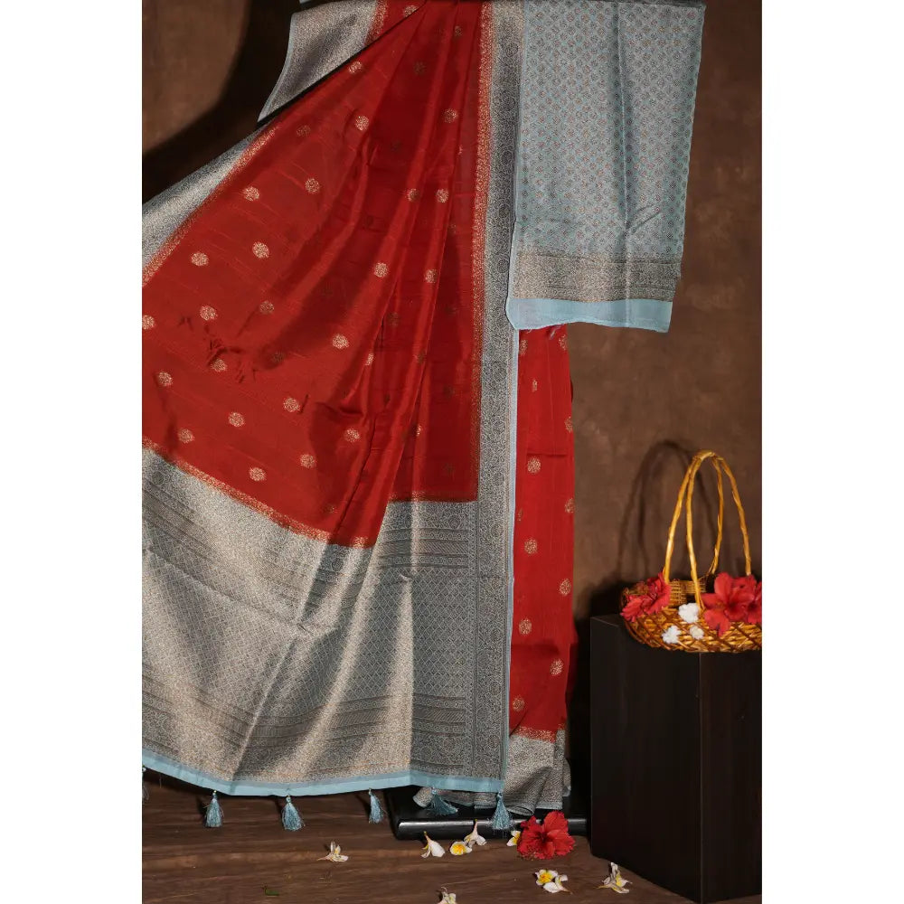 Sindoor Red with Silver Zari Semi Banarasi Silk Saree